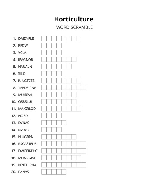 Horticulture Word Scramble Puzzle