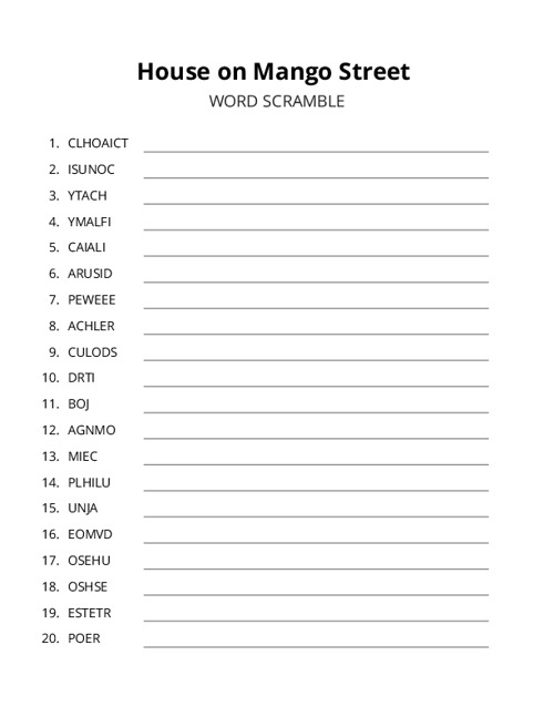 House on Mango Street Word Scramble Puzzle