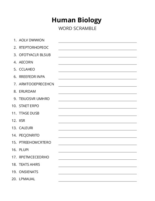 Human Biology Word Scramble Puzzle