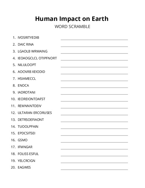 Human Impact on Earth Word Scramble Puzzle