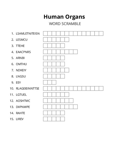 Human Organs Word Scramble Puzzle