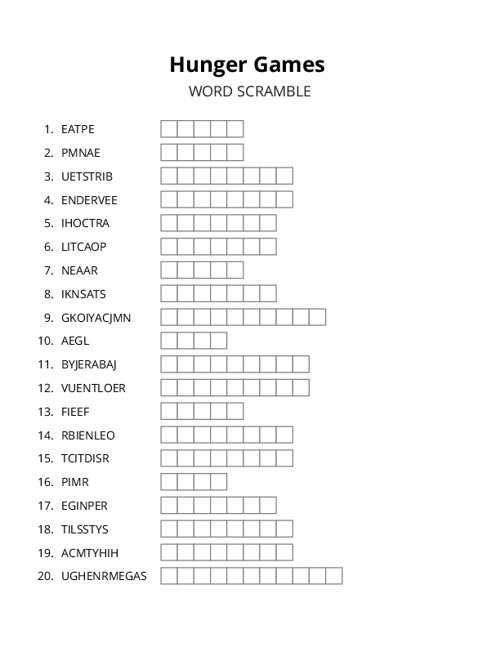 Hunger Games Word Scramble Puzzle
