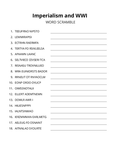Imperialism and WWI Word Scramble Puzzle