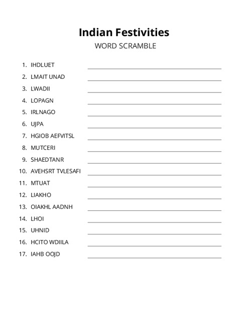 Indian Festivities Word Scramble Puzzle