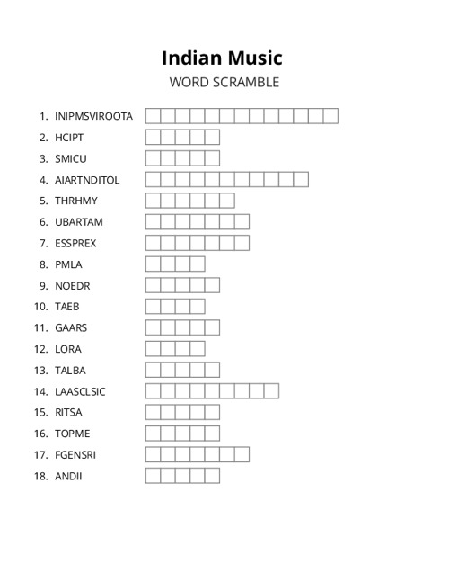 Indian Music Word Scramble Puzzle