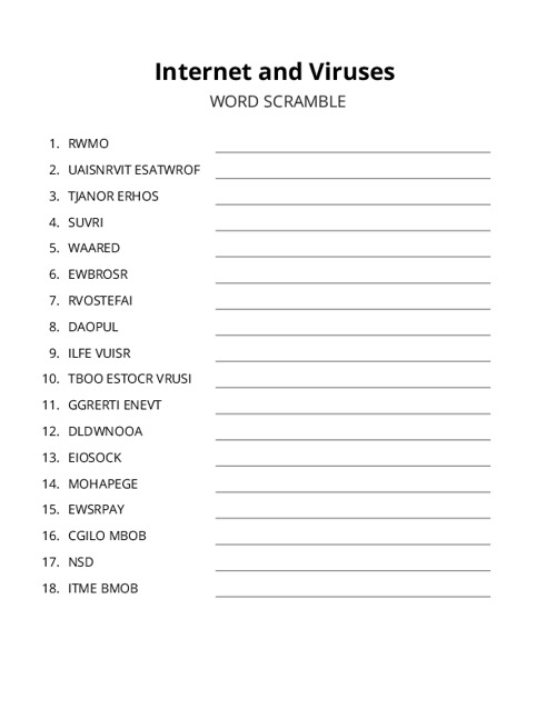 Internet and Viruses Word Scramble Puzzle