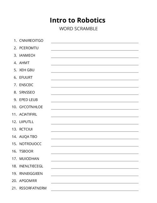 Intro to Robotics Word Scramble Puzzle