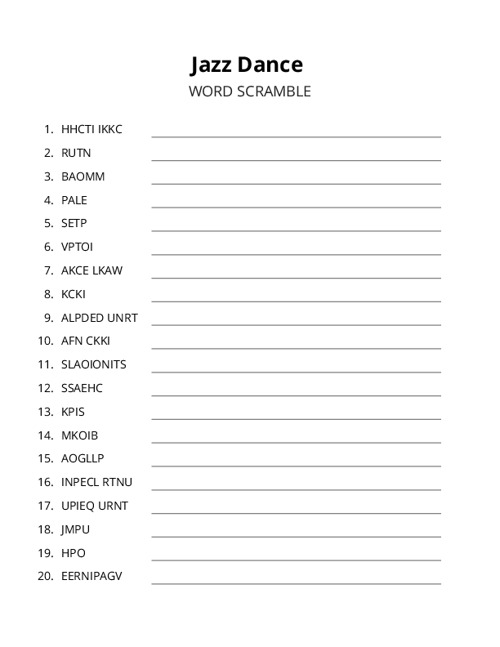 Jazz Dance Word Scramble Puzzle