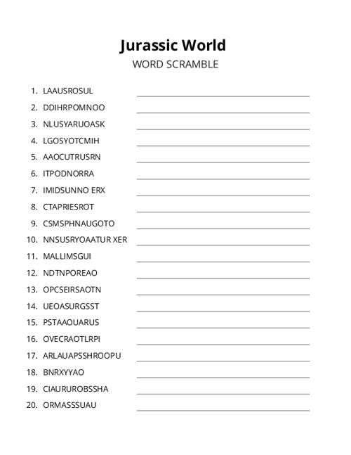 Jurassic World Word Scramble Puzzle