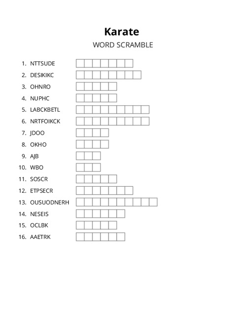 Karate Word Scramble Puzzle