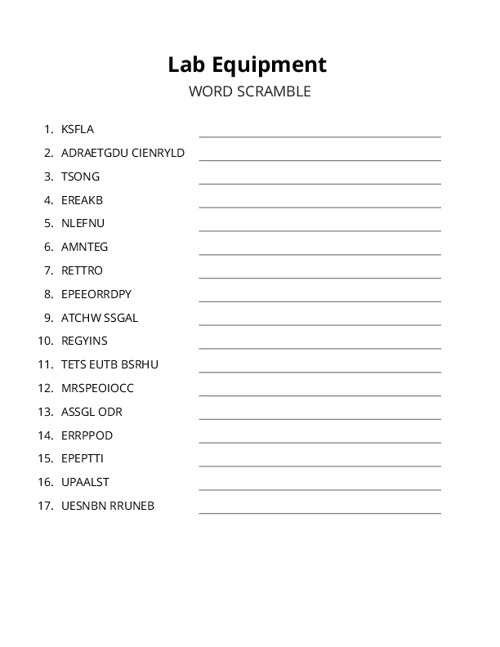 Lab Equipment Word Scramble Puzzle