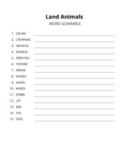 Land Animals word scramble puzzle