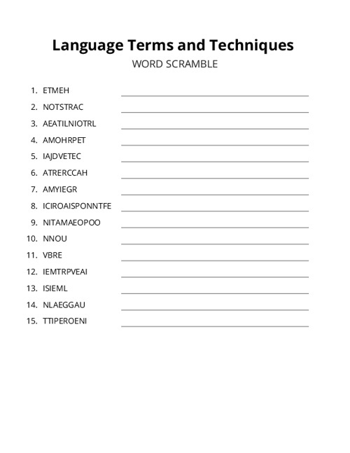 Language Terms and Techniques Word Scramble Puzzle