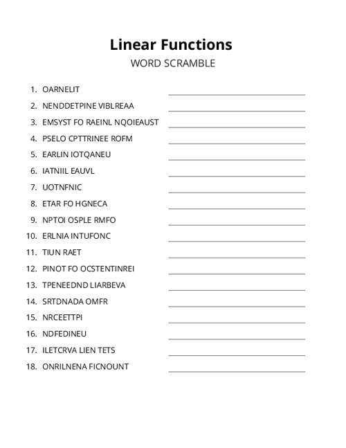 Linear Functions Word Scramble Puzzle