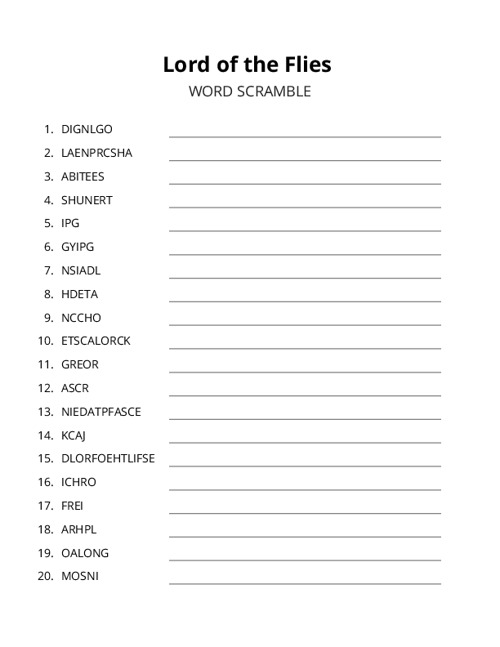 Lord of the Flies Word Scramble Puzzle