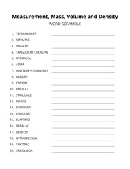 Measurement, Mass, Volume and Density word scramble puzzle