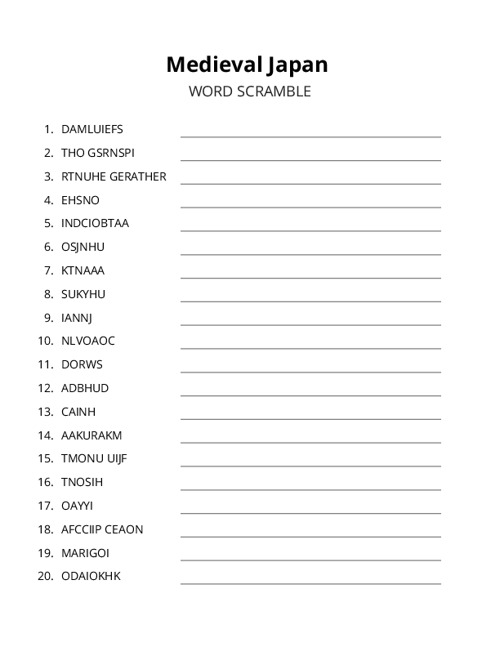 Medieval Japan Word Scramble Puzzle