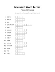 Microsoft Word Terms word scramble puzzle