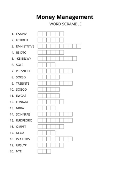 Money Management Word Scramble Puzzle
