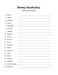 Money Vocabulary word scramble puzzle