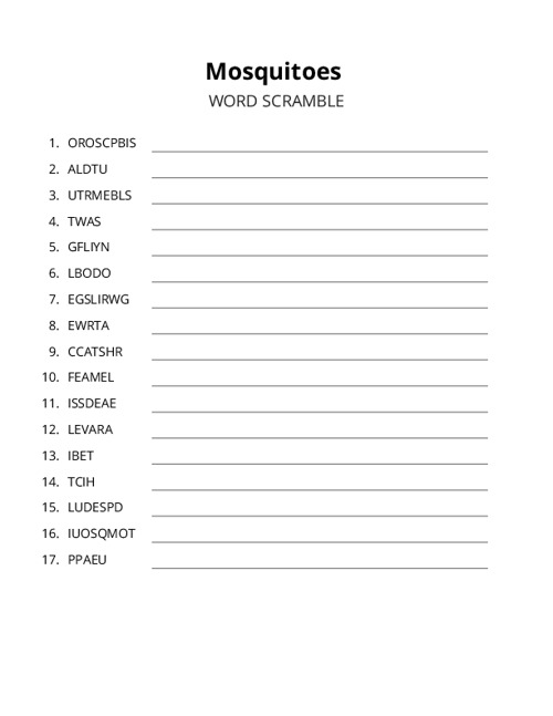 Mosquitoes Word Scramble Puzzle