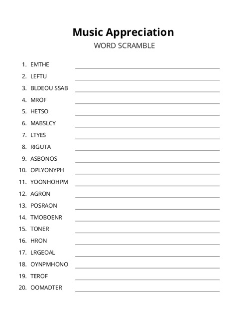 Music Appreciation Word Scramble Puzzle