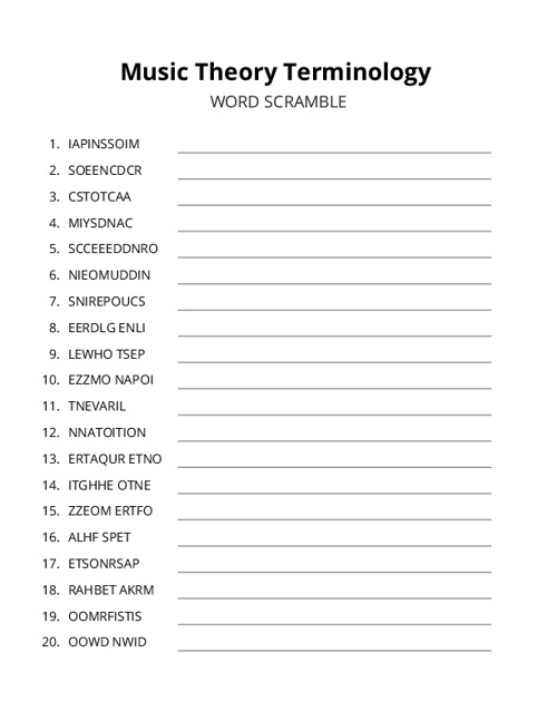Music Theory Terminology Word Scramble Puzzle