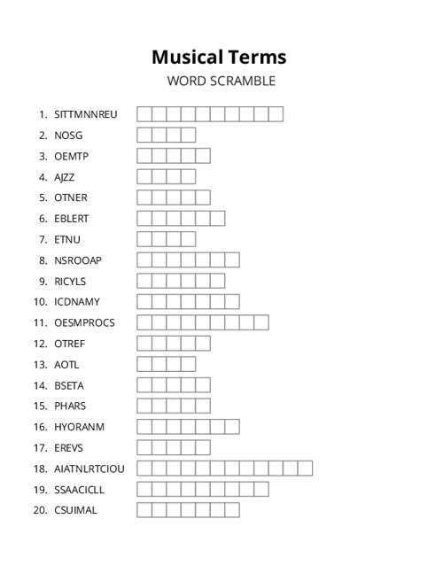 Musical Terms Word Scramble Puzzle