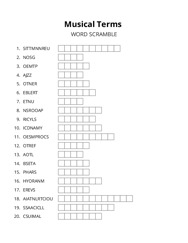 Musical Terms word scramble puzzle