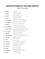 National Hispanic Heritage Month word scramble puzzle