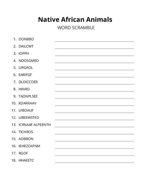 Native African Animals Word Scramble Puzzle