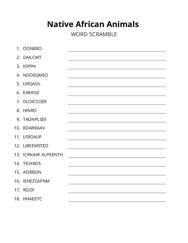 Native African Animals word scramble puzzle