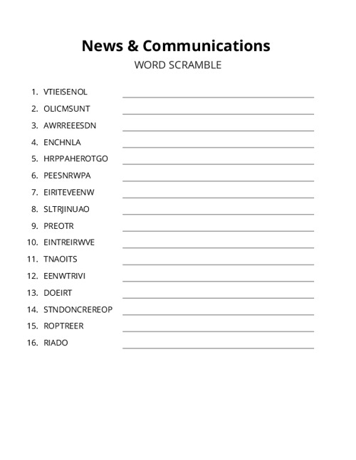 News & Communications Word Scramble Puzzle