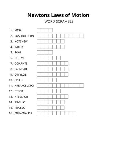 Newtons Laws of Motion Word Scramble Puzzle