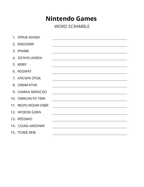 Nintendo Games Word Scramble Puzzle