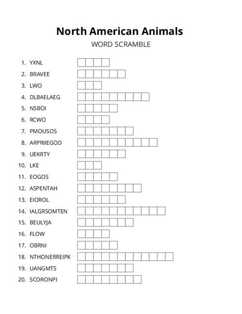 North American Animals Word Scramble Puzzle