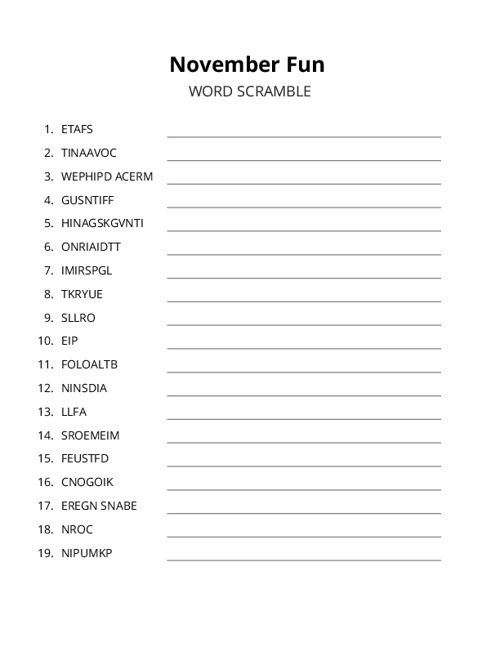 November Fun Word Scramble Puzzle