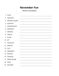 November Fun word scramble puzzle