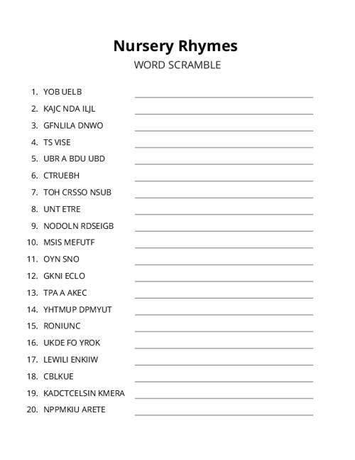 Nursery Rhymes Word Scramble Puzzle