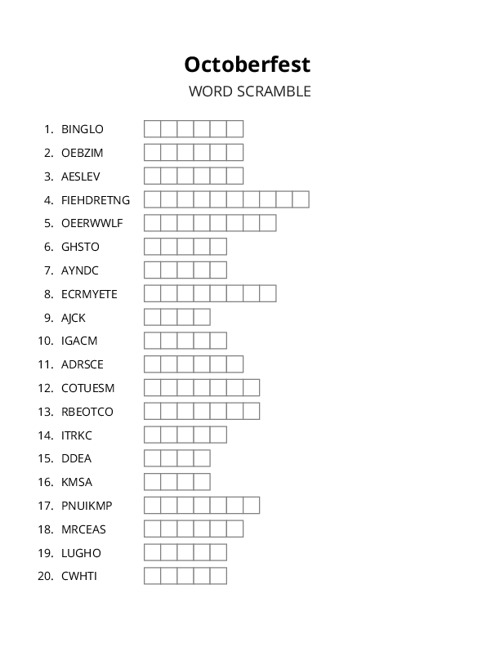 Octoberfest Word Scramble Puzzle