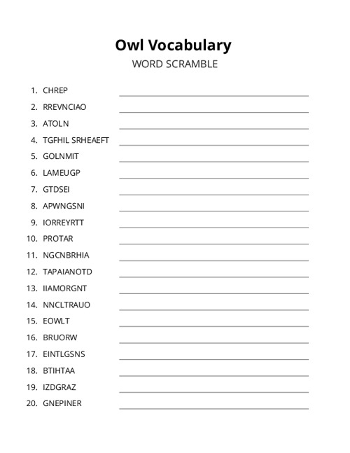 Owl Vocabulary Word Scramble Puzzle