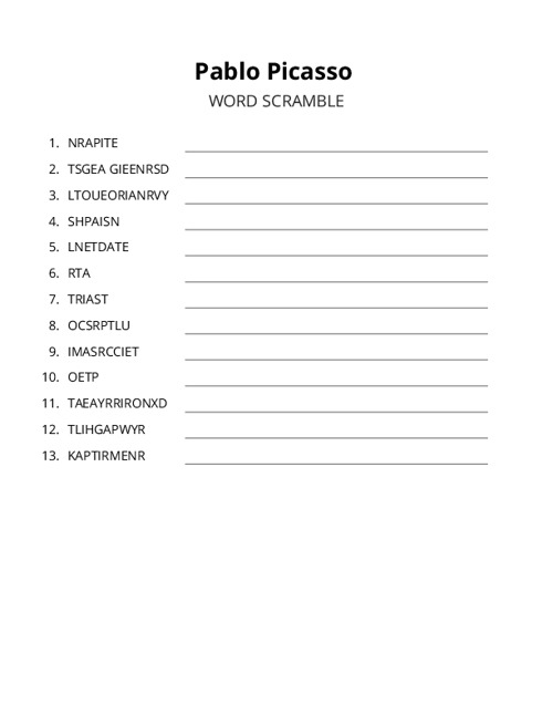 Pablo Picasso Word Scramble Puzzle