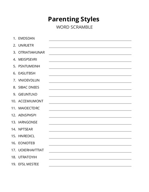Parenting Styles Word Scramble Puzzle