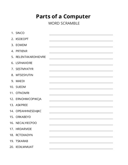 Parts of a Computer Word Scramble Puzzle