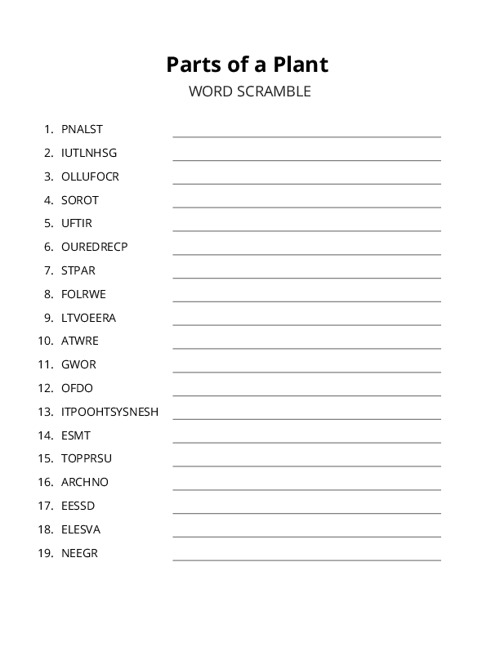 Parts of a Plant Word Scramble Puzzle
