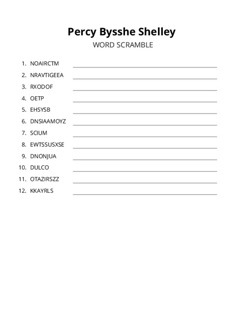 Percy Bysshe Shelley Word Scramble Puzzle