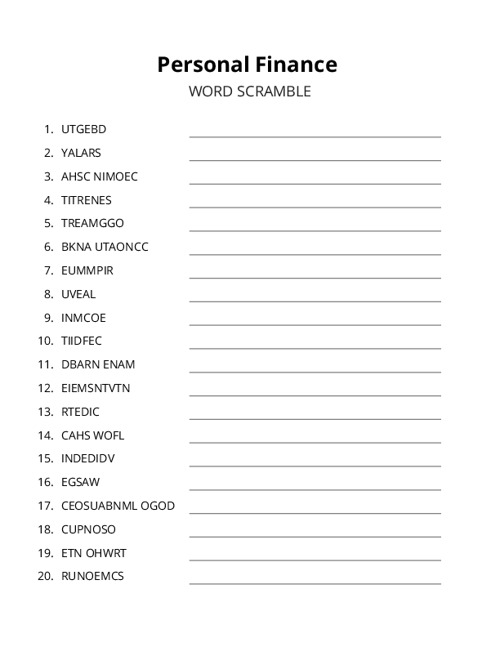Personal Finance Word Scramble Puzzle