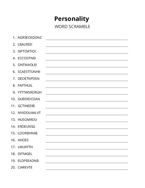 Personality Word Scramble Puzzle
