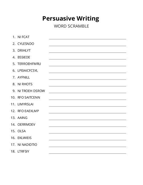 Persuasive Writing Word Scramble Puzzle