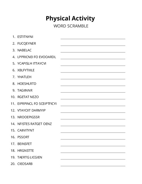 Physical Activity Word Scramble Puzzle